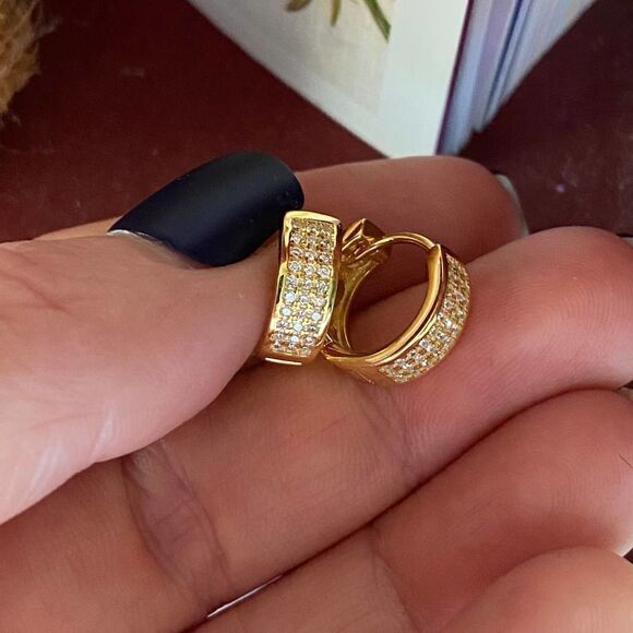 Micro Pave 14K CZ Sterling Silver Gold Hoop Earrings - Picture 5 of 7